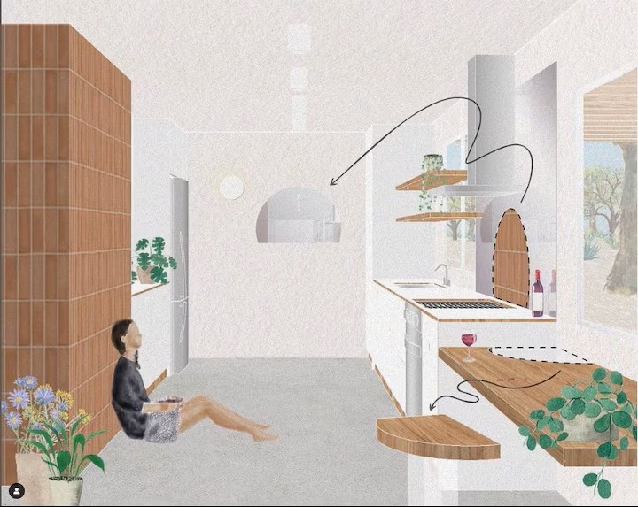 Architectural illustration of kitchen interior