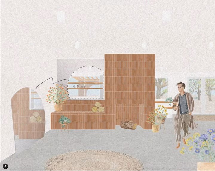 Architectural illustration of living room and fireplace